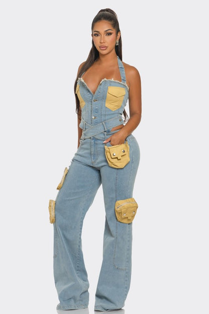 Dual-Tone Utility Denim Jumpsuit