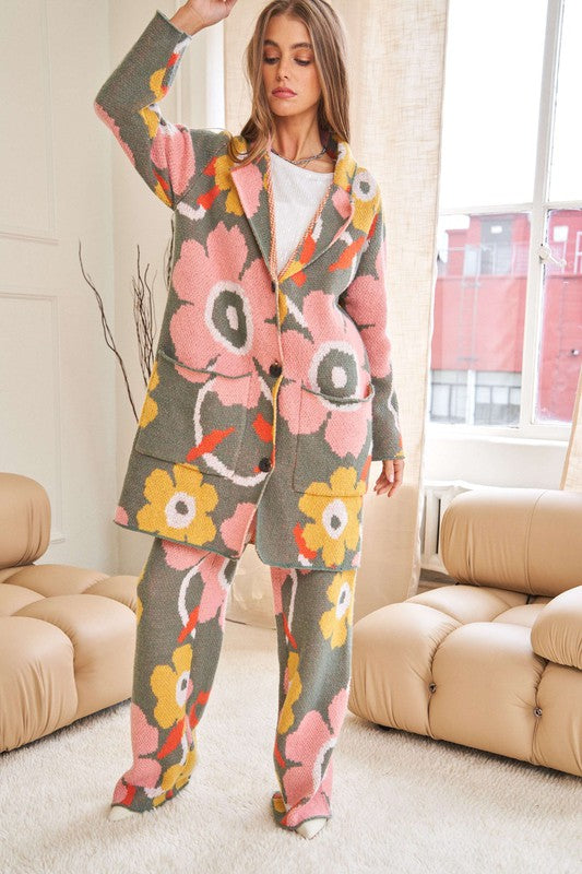 Printed Button Down Cardigan With Front Pockets