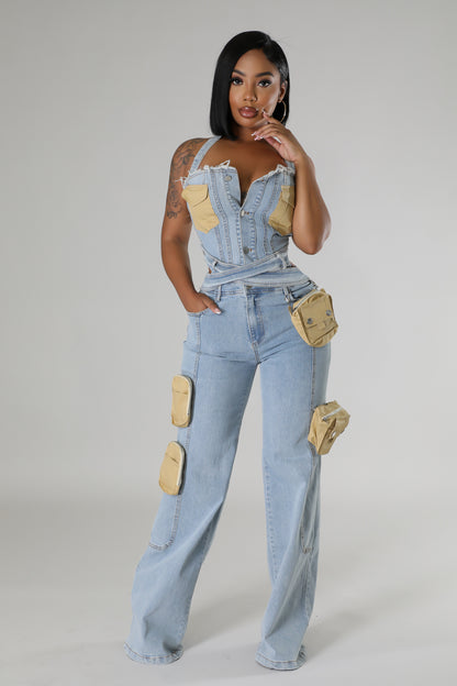 Dual-Tone Utility Denim Jumpsuit