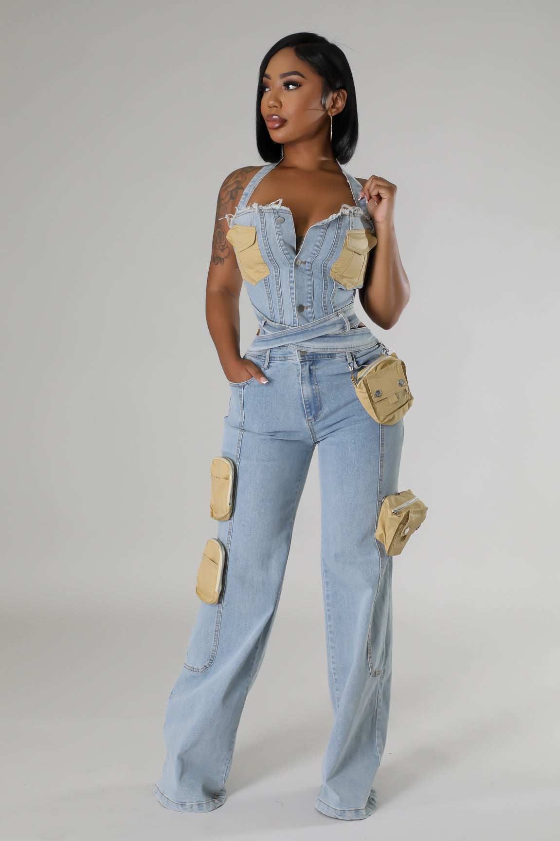 Dual-Tone Utility Denim Jumpsuit